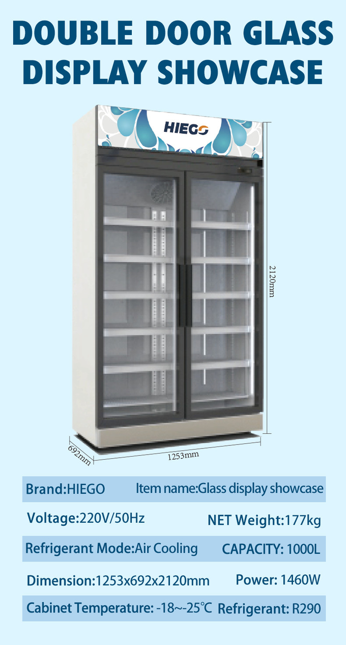 Temperatura de vidro dobro do refrigerador 980L R290 da exposição da porta refrigerar de ar única 8